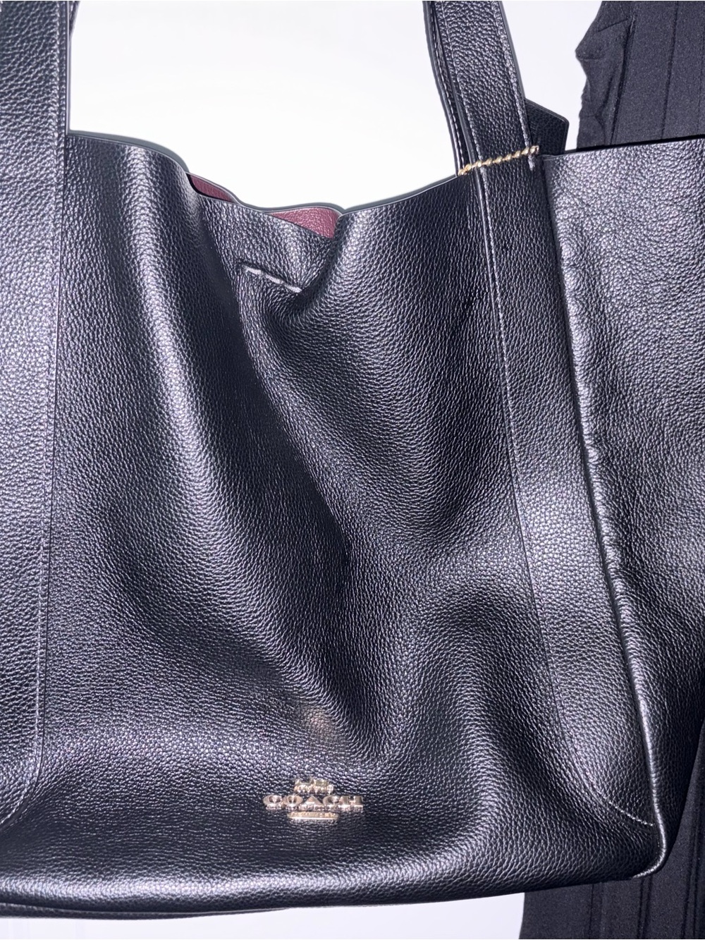 Coach Black Leather Tote with Burgundy Accent